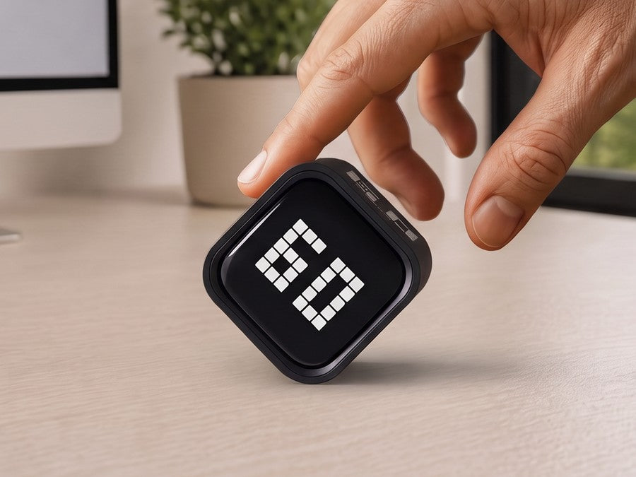 A hand reaching for the LOKD Focus Timer on a desk