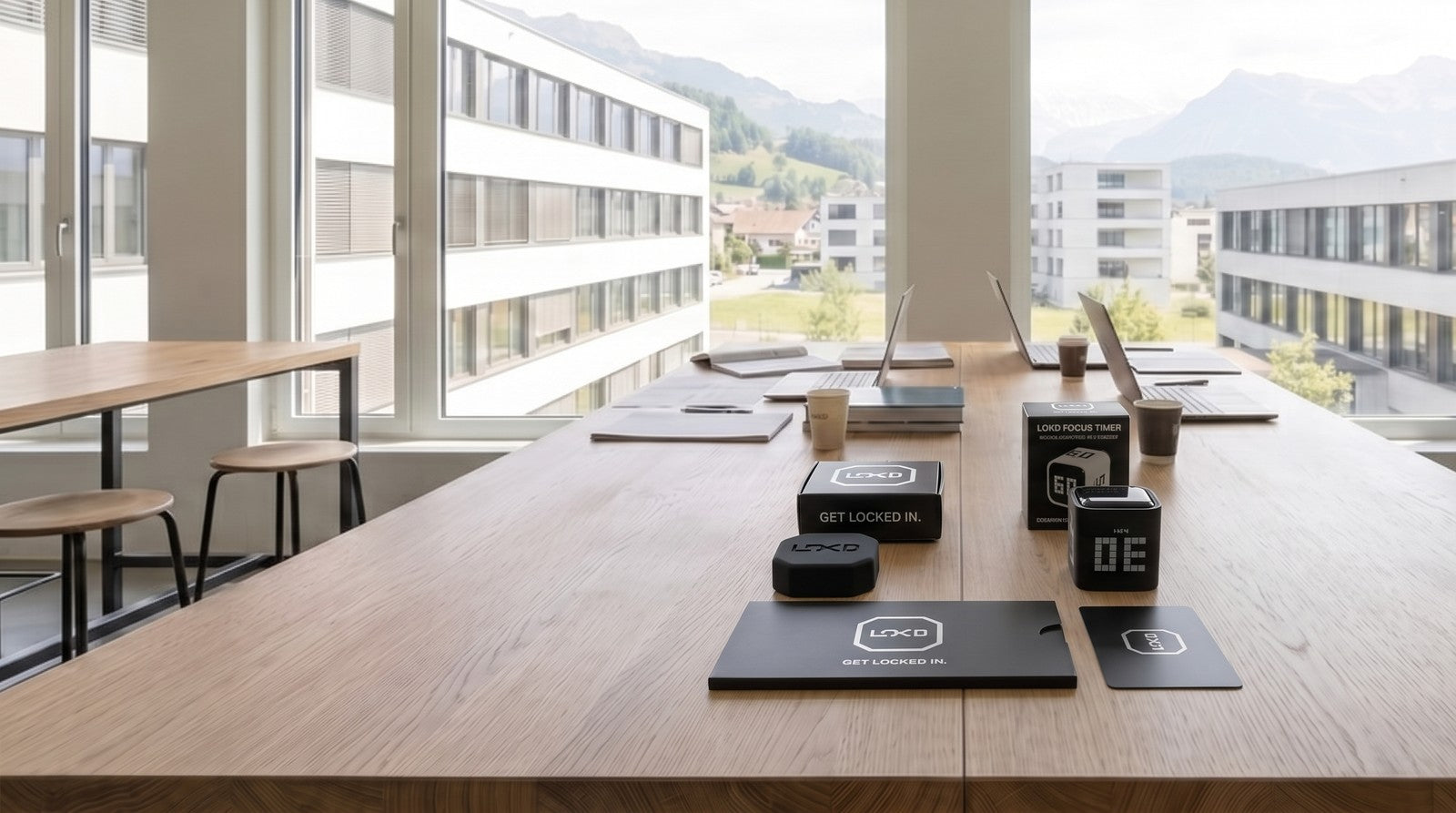 LOKD Key, Keycard and Focus Timer laid out on a study table