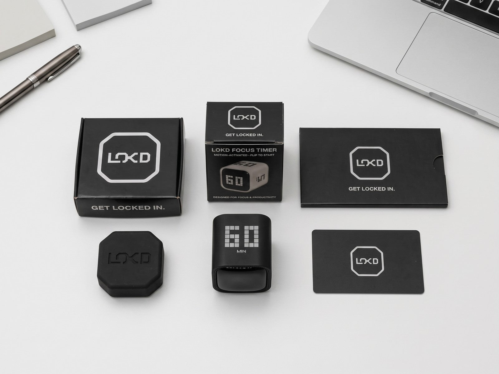 LOKD Key, Keycard and Focus Timer with packaging on a desk
