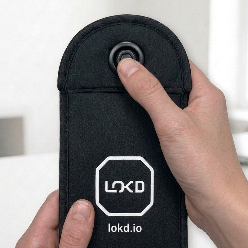Un pollice preme il bottone per chiudere una LOKD Pouch