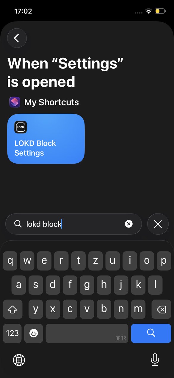 Seleziona il comando rapido LOKD Block Settings